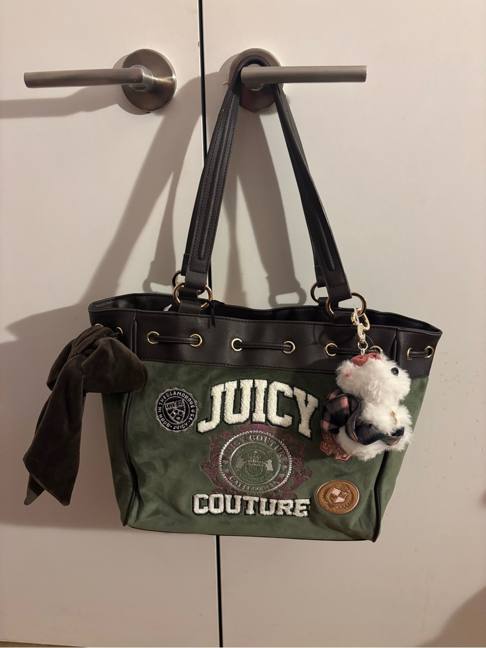 Juicy Couture varsity tote color is super green white Logo Tote Bag with Charm